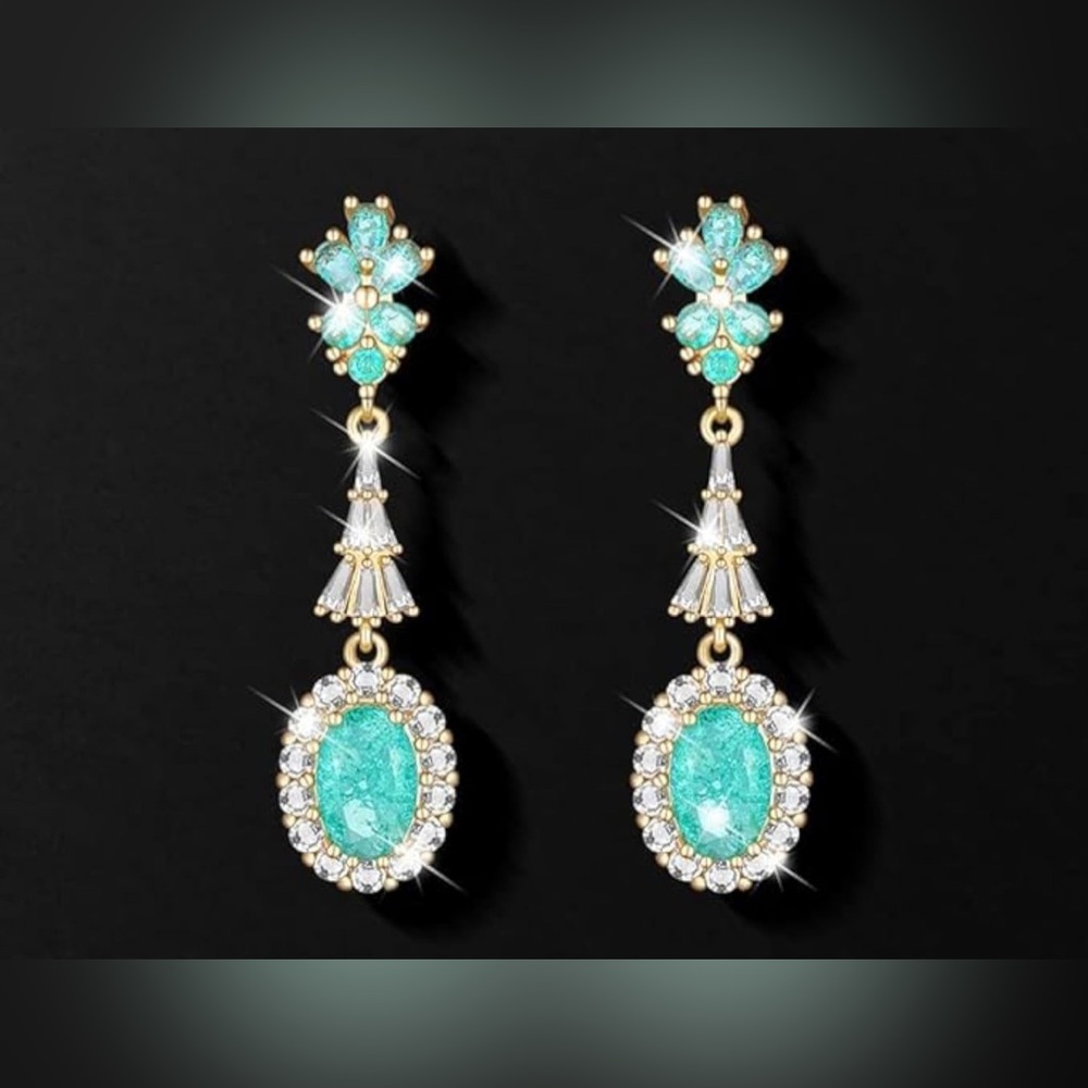 NWT 18K Earrings Turquoise blue Cubic Zirconia Pendulous